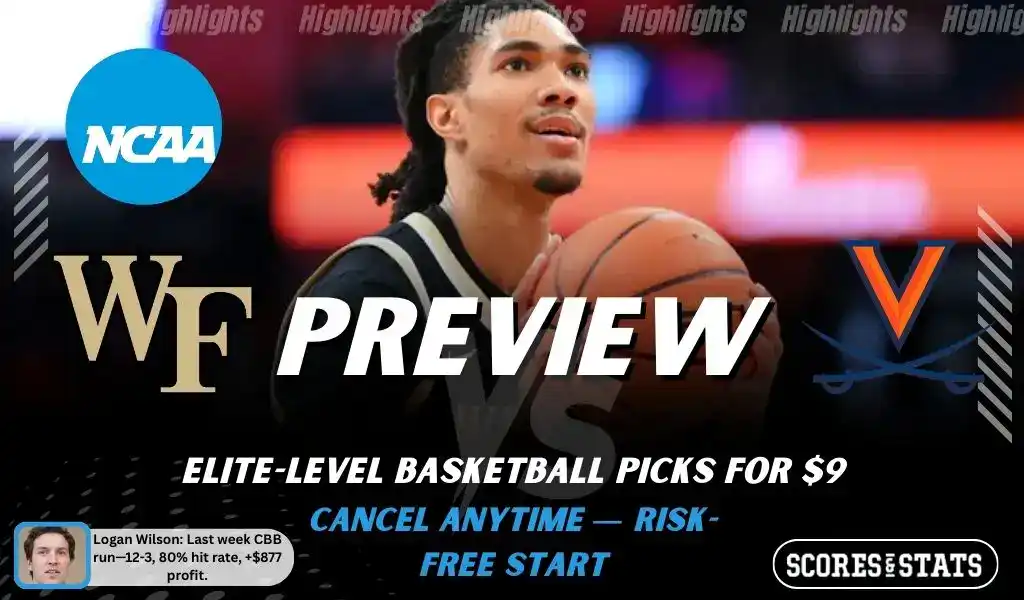 NCAAB preview graphic for Wake Forest Demon Deacons vs Virginia Cavaliers with both team logos, a matchup-themed background image, and the ScoresAndStats logo.