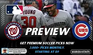 Washington Nationals vs Chicago Cubs preview image with both team logos, a relevant baseball background, and the ScoresAndStats logo.