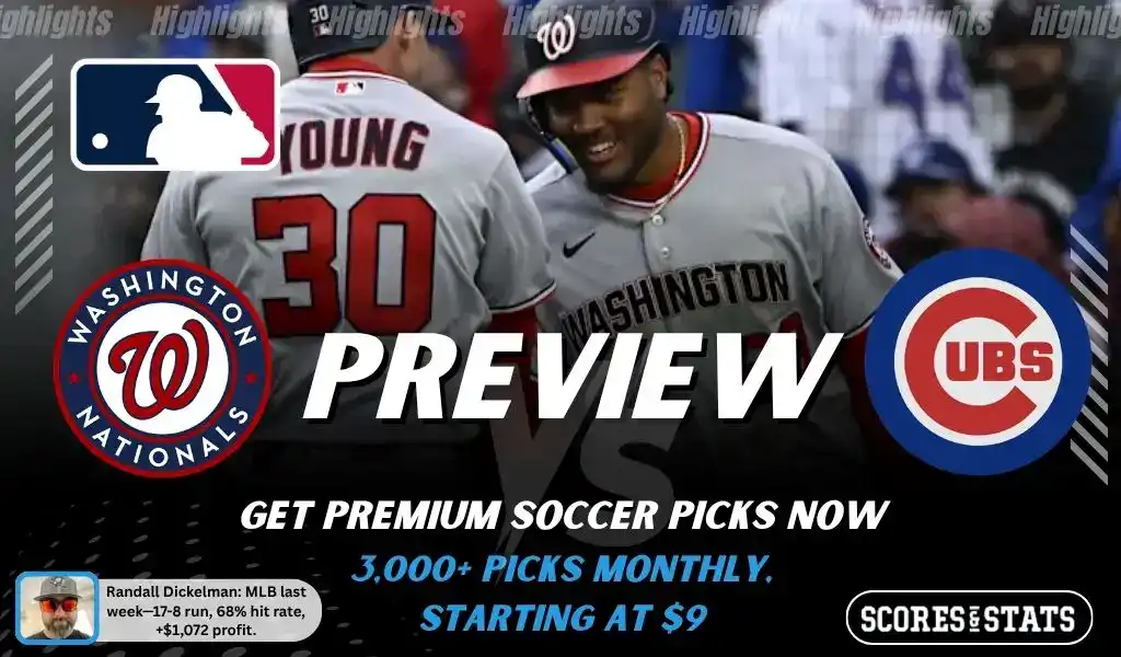 Washington Nationals vs Chicago Cubs preview image with both team logos, a relevant baseball background, and the ScoresAndStats logo.