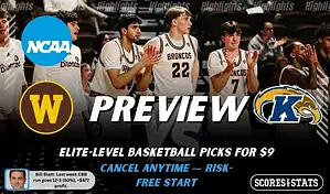 NCAAB preview graphic for Western Michigan Broncos vs Kent State Golden Flashes with both team logos, a matchup-themed background image, and the ScoresAndStats logo.