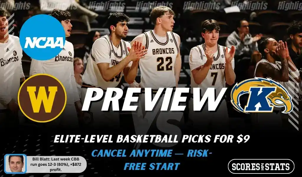 NCAAB preview graphic for Western Michigan Broncos vs Kent State Golden Flashes with both team logos, a matchup-themed background image, and the ScoresAndStats logo.