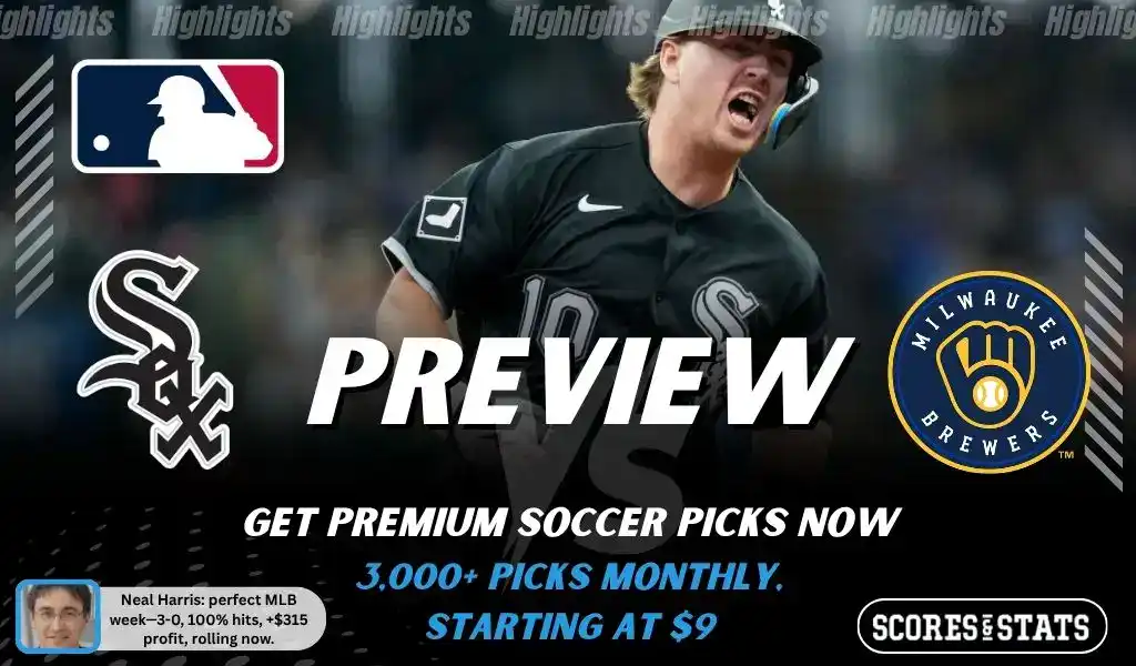 Chicago White Sox vs Milwaukee Brewers preview image with both team logos, a relevant baseball background, and the ScoresAndStats logo.