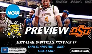Wichita State Shockers vs Oklahoma State Cowboys NCAAB preview image with both team logos, a relevant basketball background, and the ScoresAndStats logo.
