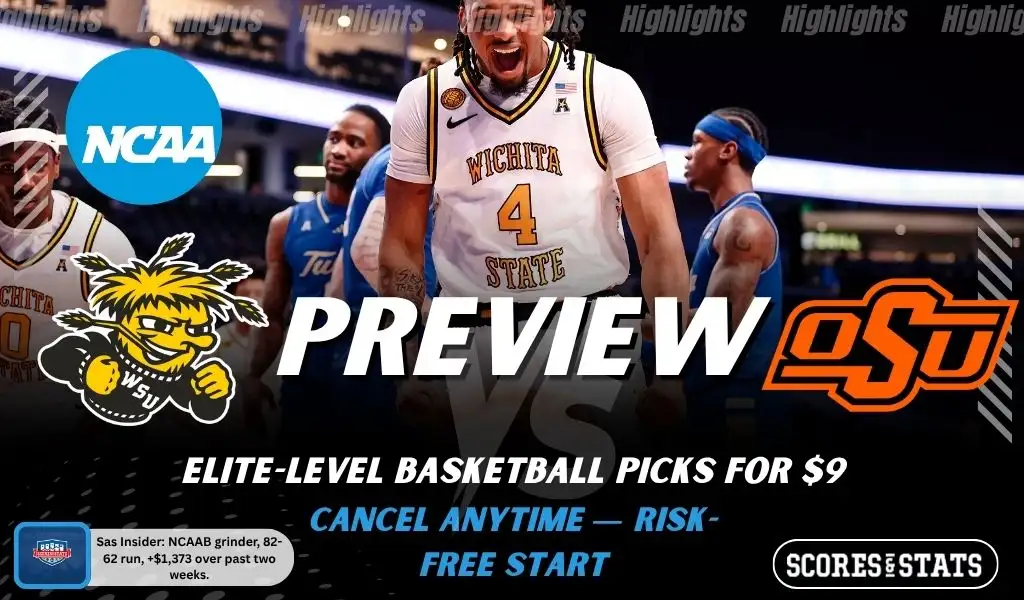 Wichita State Shockers vs Oklahoma State Cowboys NCAAB preview image with both team logos, a relevant basketball background, and the ScoresAndStats logo.