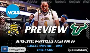 Wichita State Shockers vs South Florida Bulls NCAAB preview image with both team logos, a relevant basketball background, and the ScoresAndStats logo.