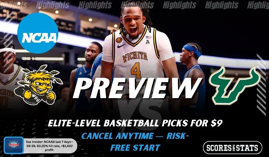 Wichita State Shockers vs South Florida Bulls NCAAB preview image with both team logos, a relevant basketball background, and the ScoresAndStats logo.