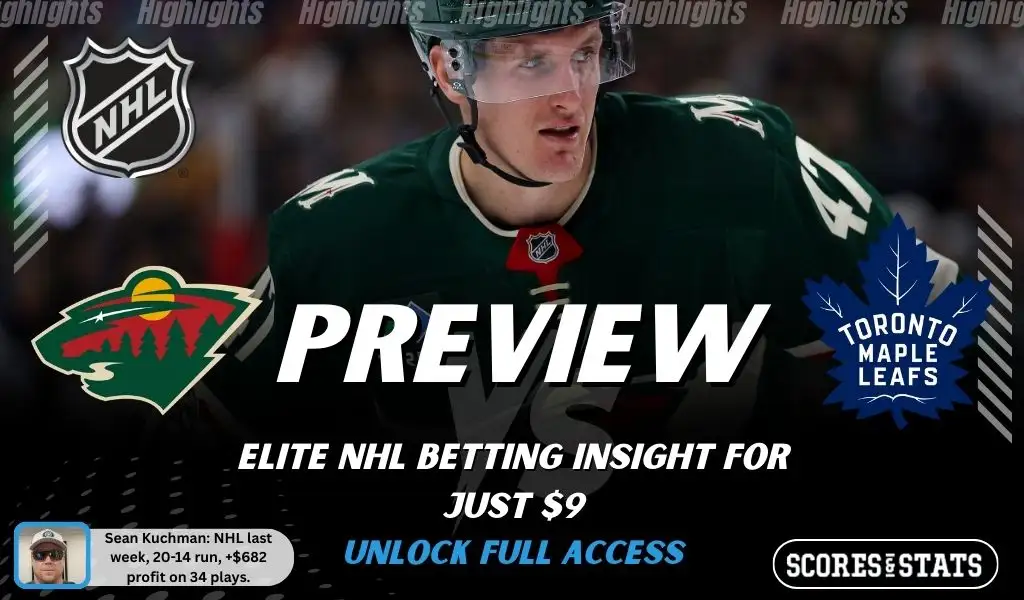 Minnesota Wild vs Toronto Maple Leafs preview image with both team logos, a relevant hockey background, and the ScoresAndStats logo.