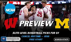 Wisconsin Badgers vs Michigan Wolverines NCAAB preview image with both team logos, a relevant basketball background, and the ScoresAndStats logo.