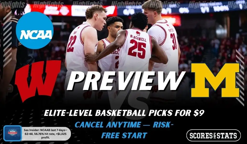 Wisconsin Badgers vs Michigan Wolverines NCAAB preview image with both team logos, a relevant basketball background, and the ScoresAndStats logo.