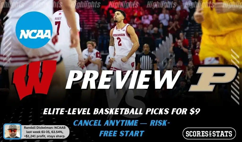 NCAAB preview graphic for Wisconsin Badgers vs Purdue Boilermakers featuring both team logos, a matchup-themed background image, and the ScoresAndStats logo.