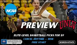 Wyoming Cowboys vs UNLV Runnin' Rebels NCAAB preview image with both team logos, a relevant basketball background, and the ScoresAndStats logo.