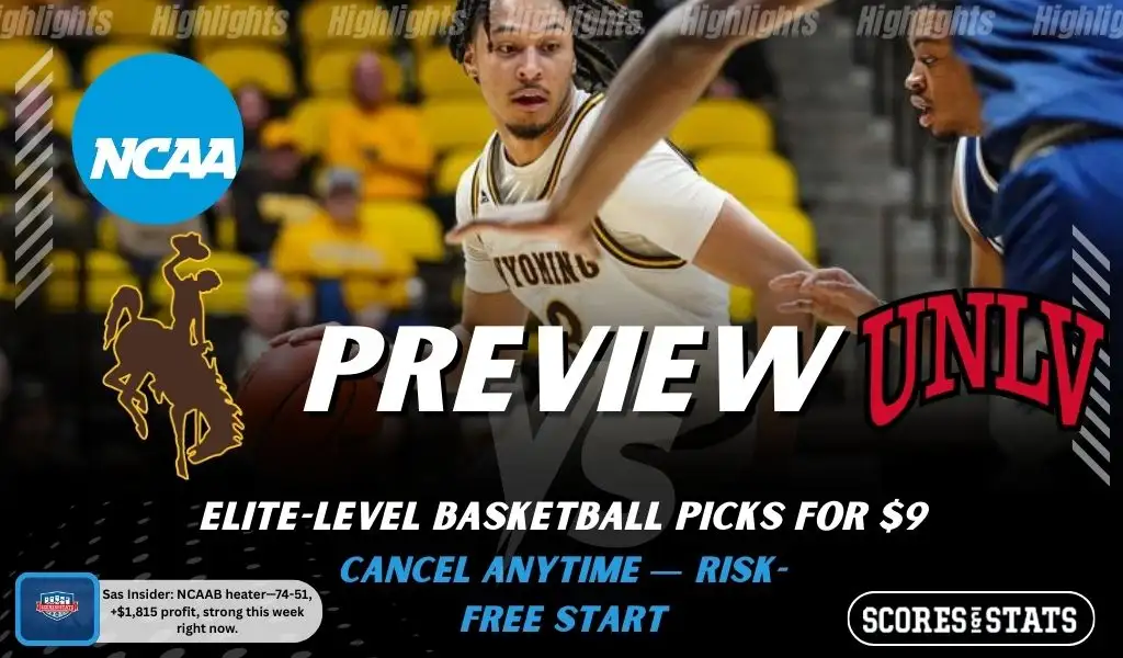 Wyoming Cowboys vs UNLV Runnin' Rebels NCAAB preview image with both team logos, a relevant basketball background, and the ScoresAndStats logo.