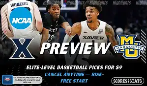 Xavier Musketeers vs Marquette Golden Eagles NCAAB preview image with both team logos, a relevant basketball background, and the ScoresAndStats logo.