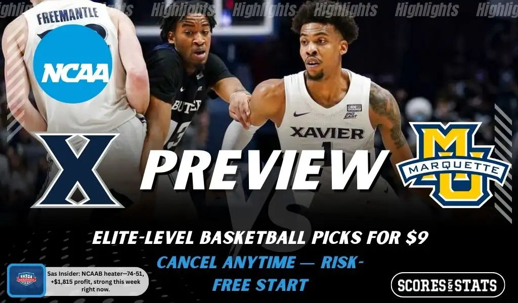 Xavier Musketeers vs Marquette Golden Eagles NCAAB preview image with both team logos, a relevant basketball background, and the ScoresAndStats logo.