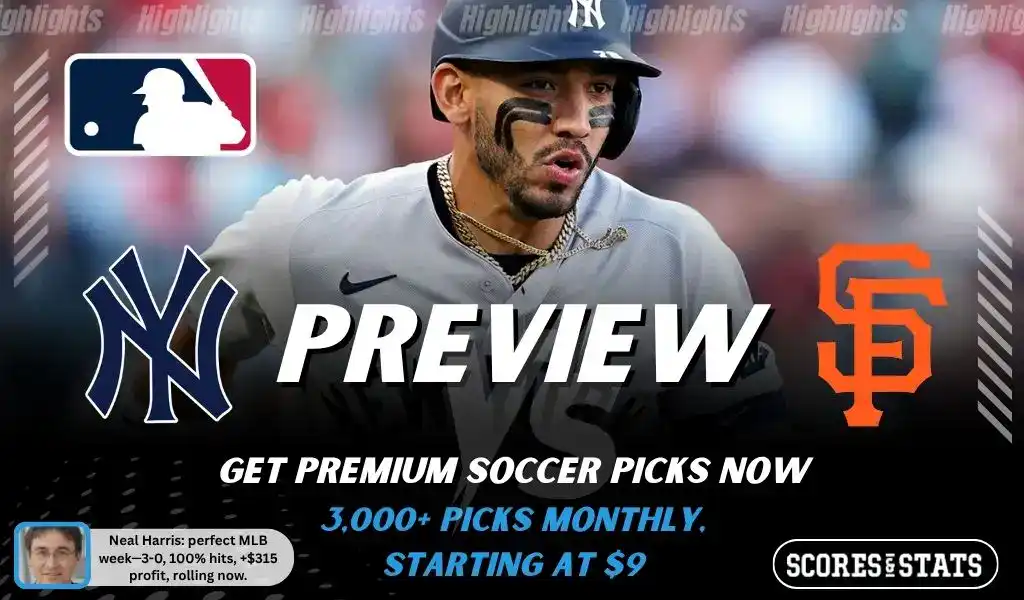 New York Yankees vs San Francisco Giants preview image with both team logos, a relevant baseball background, and the ScoresAndStats logo.