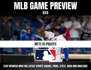 MLB Game Preview featuring the match-up between Mets and Pirates, with a call to stay updated on sports scores, picks, stats, odds, and analysis.