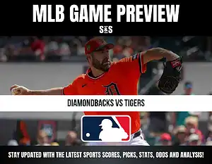 Baseball game preview for Diamondbacks vs Tigers with an image of a Tigers pitcher in mid-throw and MLB logo.