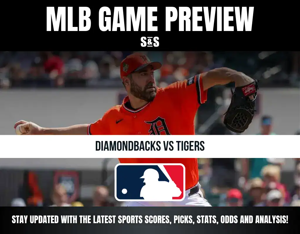 Baseball game preview for Diamondbacks vs Tigers with an image of a Tigers pitcher in mid-throw and MLB logo.