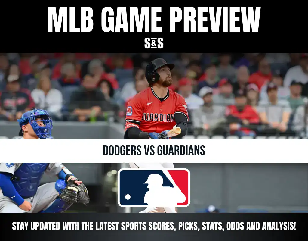 Alt text: MLB game preview for Dodgers vs Guardians featuring a batter in a Guardians uniform and a catcher in a Dodgers uniform at the plate.