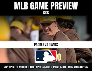 MLB game preview for Padres vs Giants featuring players in brown and yellow uniforms, with MLB logo and sports update text.