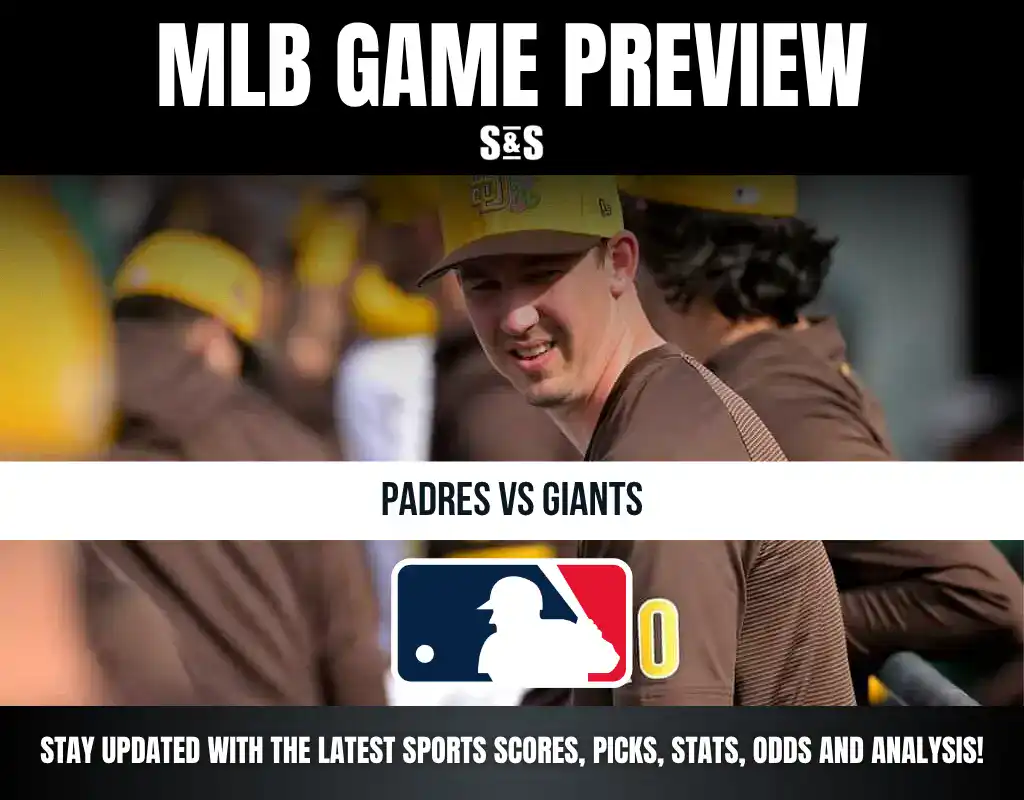 MLB game preview for Padres vs Giants featuring players in brown and yellow uniforms, with MLB logo and sports update text.