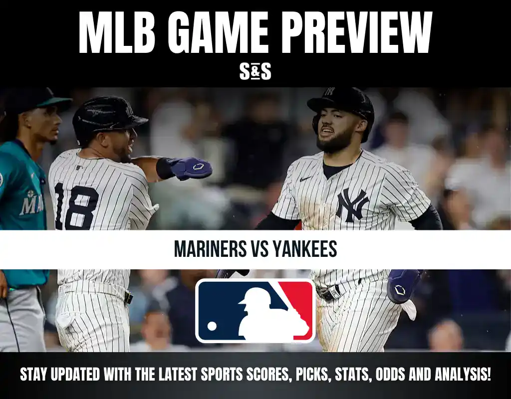 MLB game preview featuring Mariners vs Yankees, showing players in action with text promoting scores, picks, stats, and analysis updates.