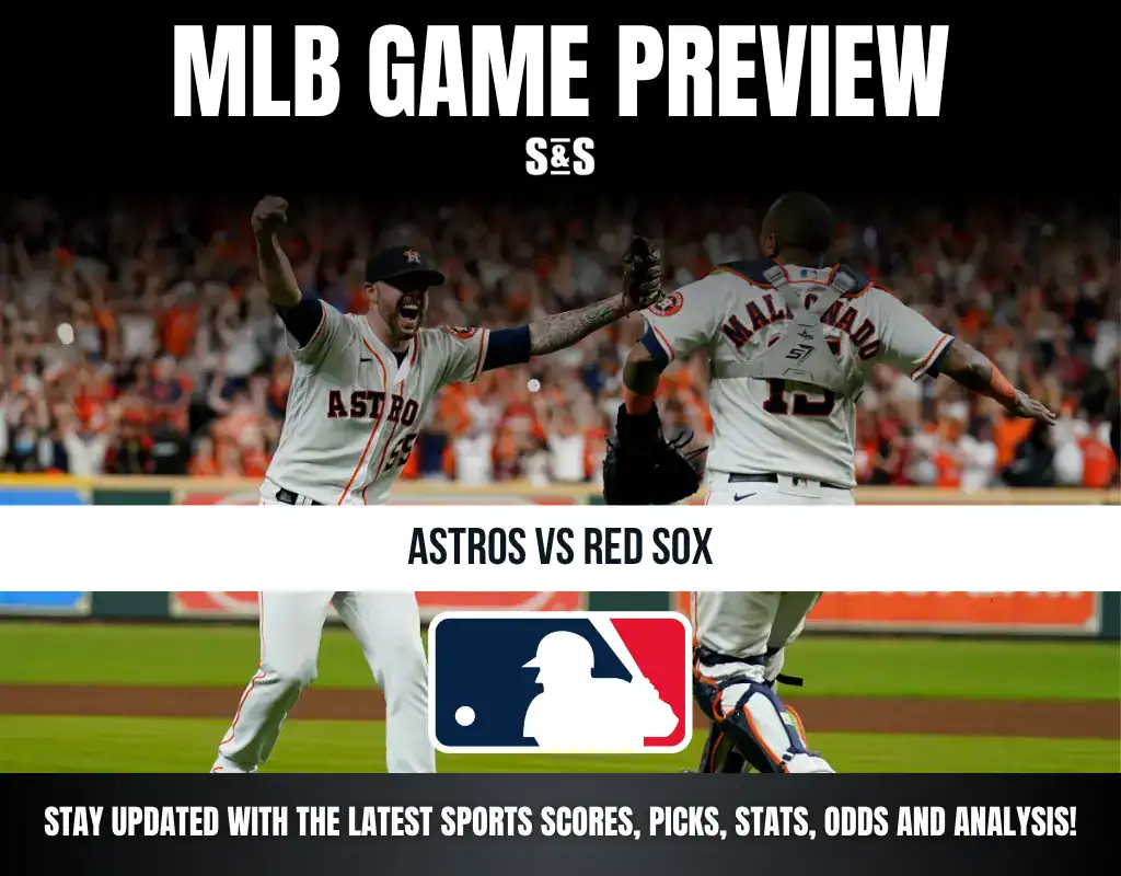 MLB game preview for Astros vs Red Sox with two Astros players celebrating on the field, MLB logo, and game update info.