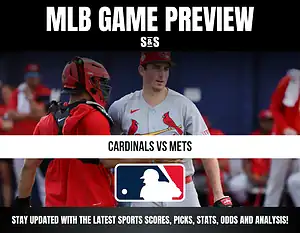 MLB Game Preview: Cardinals vs Mets with players in uniforms and catcher gear, plus MLB logo and sports update text.
