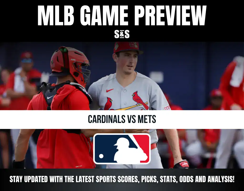 MLB Game Preview: Cardinals vs Mets with players in uniforms and catcher gear, plus MLB logo and sports update text.
