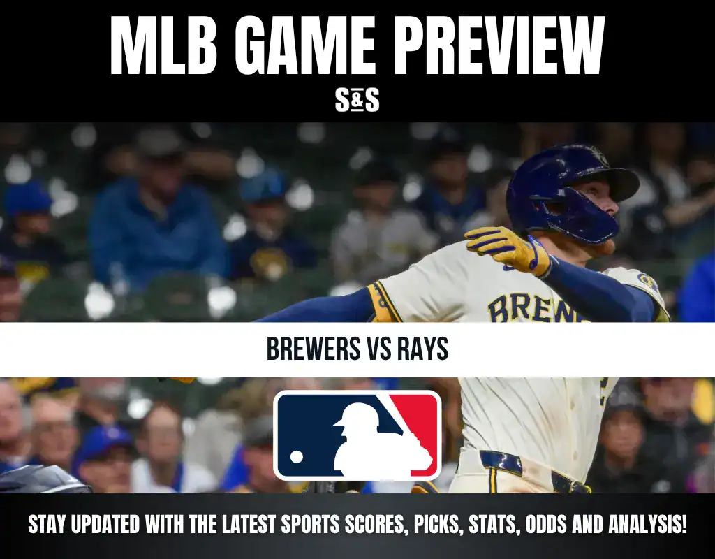 MLB game preview for Brewers vs Rays featuring a batter in a Brewers uniform mid-swing with fans in the background.