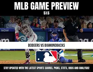 MLB game preview featuring Dodgers vs Diamondbacks with a player batting, catcher, and umpire in action on the field.