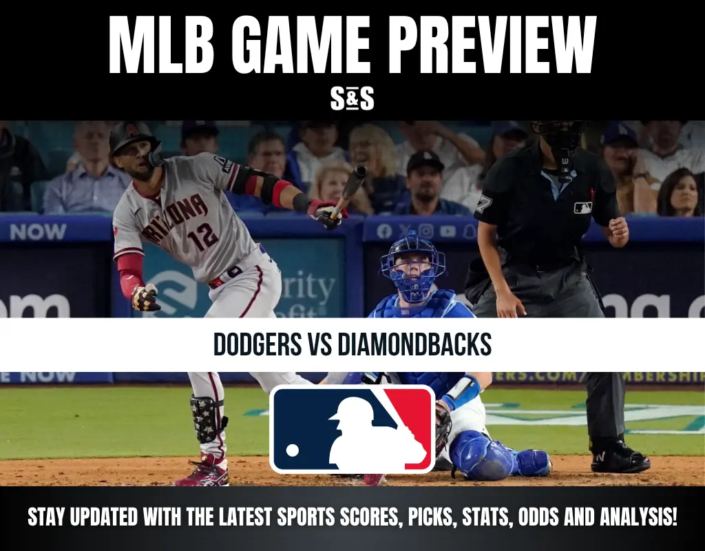 MLB game preview featuring Dodgers vs Diamondbacks with a player batting, catcher, and umpire in action on the field.