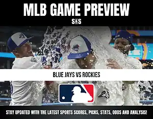 MLB Game Preview featuring Blue Jays vs Rockies with a logo of Major League Baseball, and a tagline encouraging updates on sports scores, picks, stats, odds, and analysis.