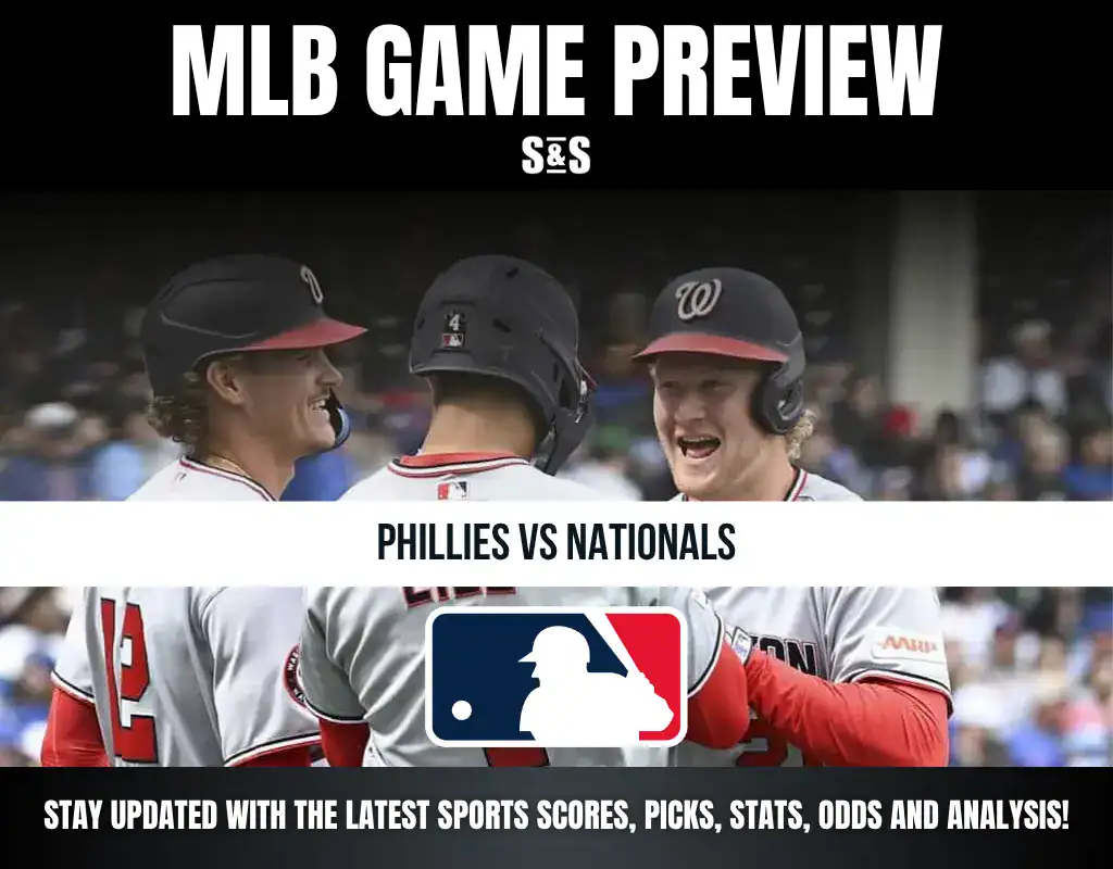 MLB Game Preview featuring Phillies vs Nationals, with a logo of Major League Baseball at the center.
