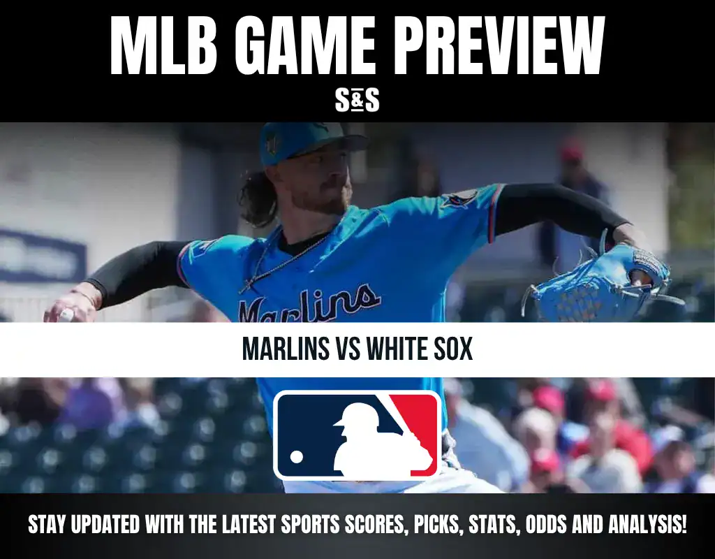 MLB game preview featuring Marlins vs White Sox, with a player in a blue Marlins jersey.