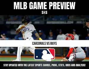 Baseball game preview graphic featuring Cardinals vs Rays with MLB logo and a batter swinging at a pitch in the background.