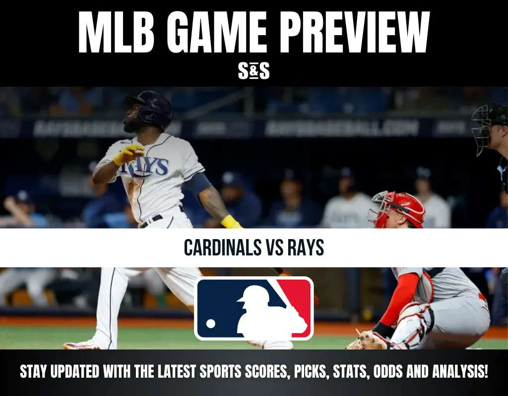 Baseball game preview graphic featuring Cardinals vs Rays with MLB logo and a batter swinging at a pitch in the background.