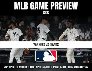 MLB Game Preview with Yankees vs Giants, featuring players in Yankees uniforms and MLB logo.