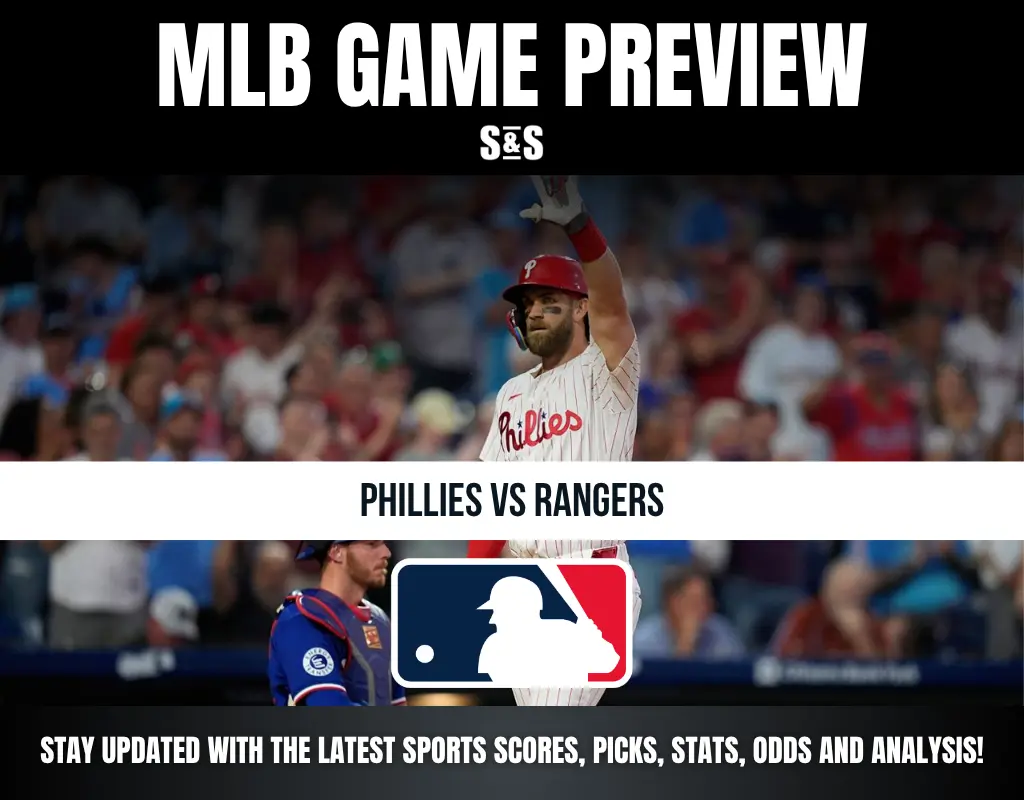 MLB game preview for Phillies vs Rangers with a baseball player raising his hand and a catcher behind home plate.