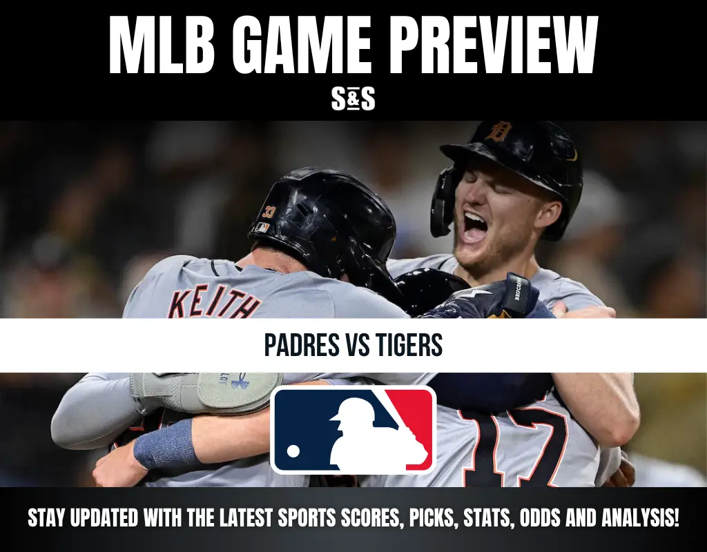 MLB game preview graphic showing Padres vs Tigers with players celebrating and the MLB logo.