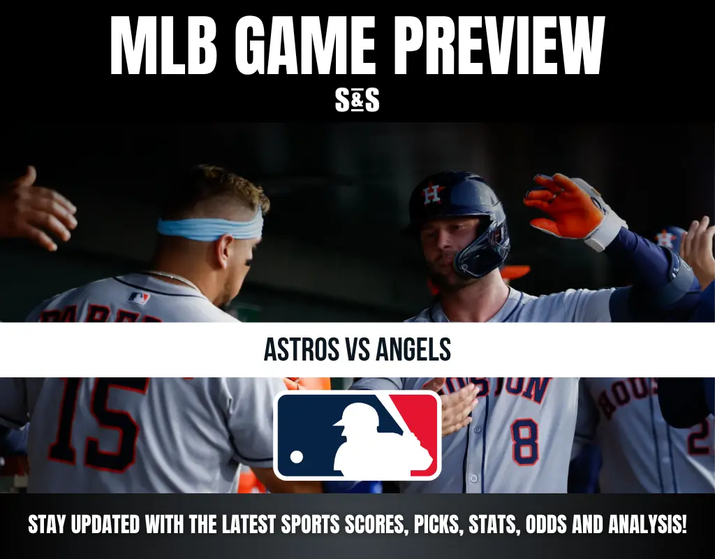 MLB Game Preview featuring Astros vs Angels, with a prompt to stay updated on the latest sports scores, picks, stats, odds, and analysis.
