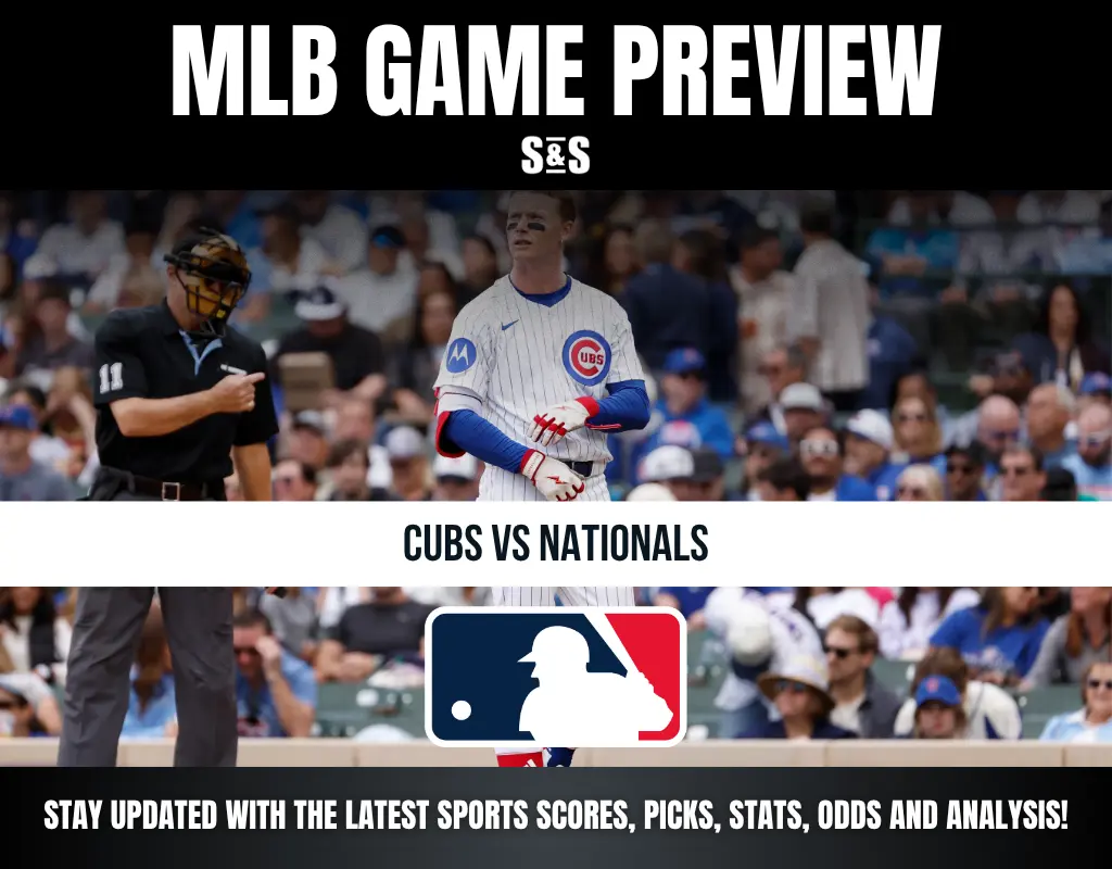 MLB Game Preview featuring a matchup between the Cubs and Nationals, with an image of players and an umpire.
