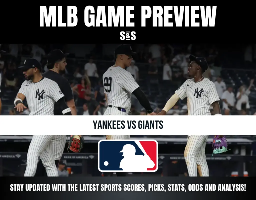 MLB Game Preview with Yankees vs Giants, featuring players in Yankees uniforms and MLB logo.