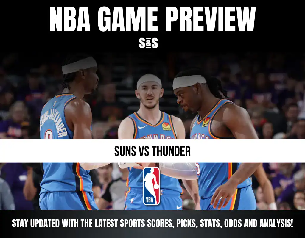 NBA Game Preview featuring the teams Suns vs Thunder, with images of players from both teams.