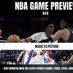 NBA game preview featuring "Magic vs Pistons" with a call to stay updated with the latest sports scores, picks, stats, odds, and analysis.