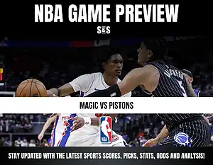 NBA game preview featuring "Magic vs Pistons" with a call to stay updated with the latest sports scores, picks, stats, odds, and analysis.