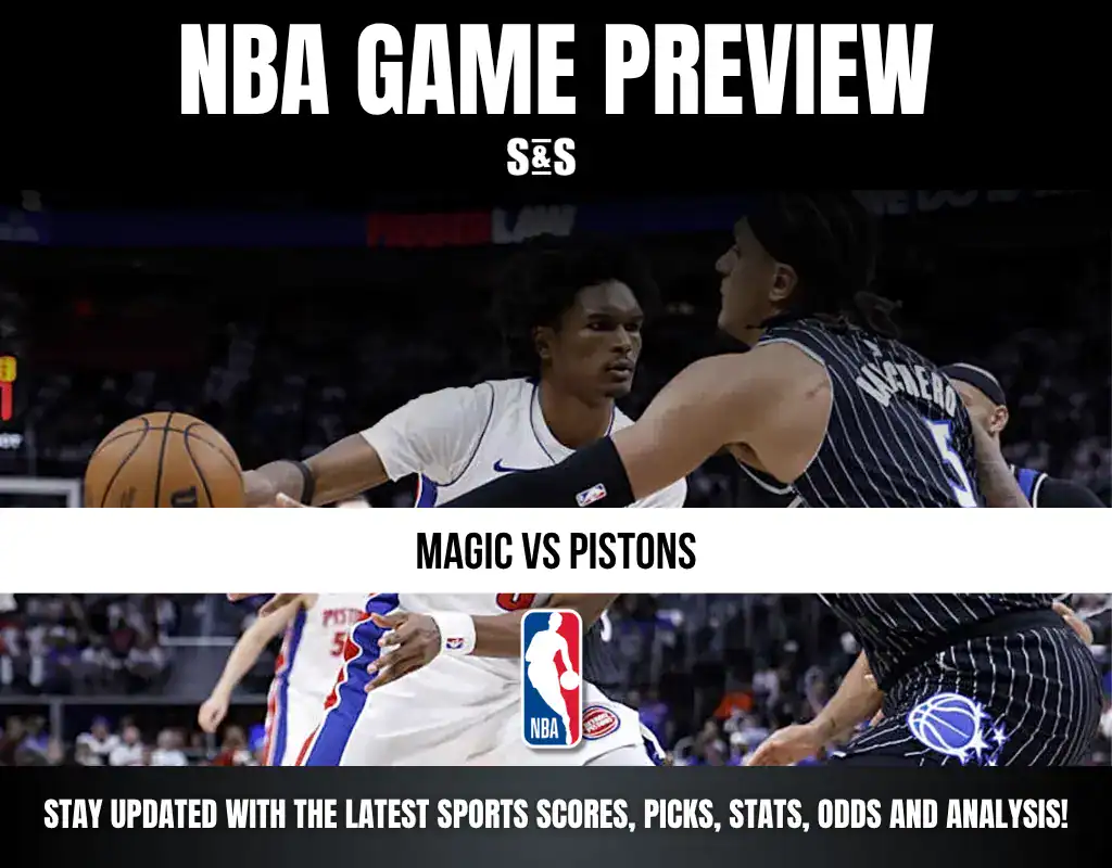 NBA game preview featuring "Magic vs Pistons" with a call to stay updated with the latest sports scores, picks, stats, odds, and analysis.