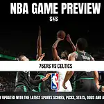 NBA Game Preview with the text "76ERS VS CELTICS" and a basketball player shooting a ball surrounded by teammates.