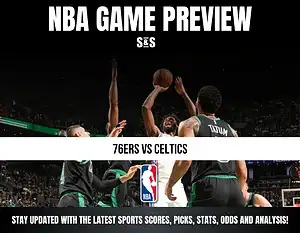 NBA Game Preview with the text "76ERS VS CELTICS" and a basketball player shooting a ball surrounded by teammates.