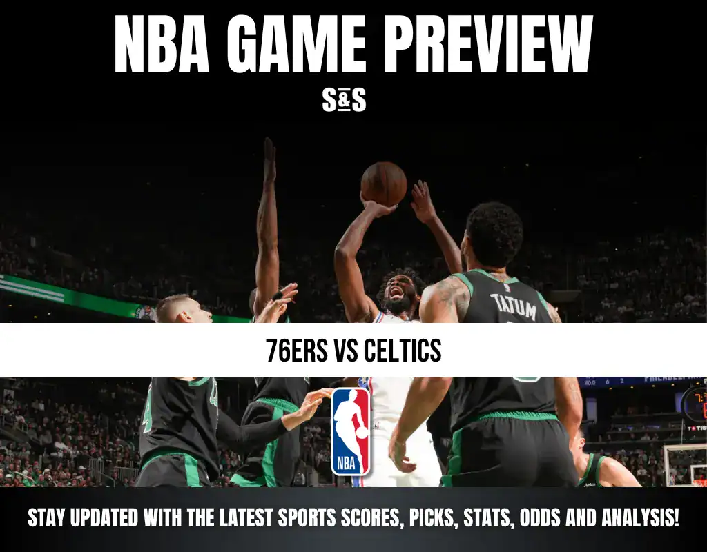 NBA Game Preview with the text "76ERS VS CELTICS" and a basketball player shooting a ball surrounded by teammates.